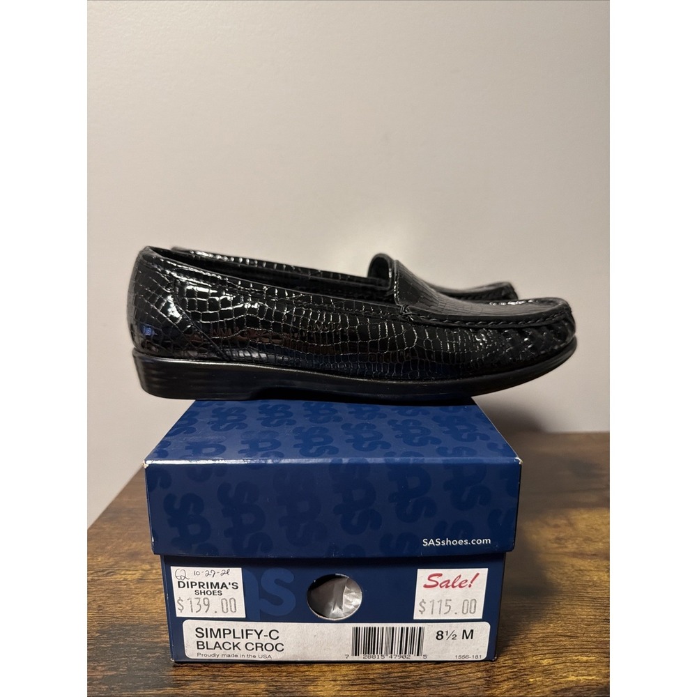NEW SAS Women's Sz 8.5 Loafer Simplify Black Croc Everyday Loafer, Made in USA